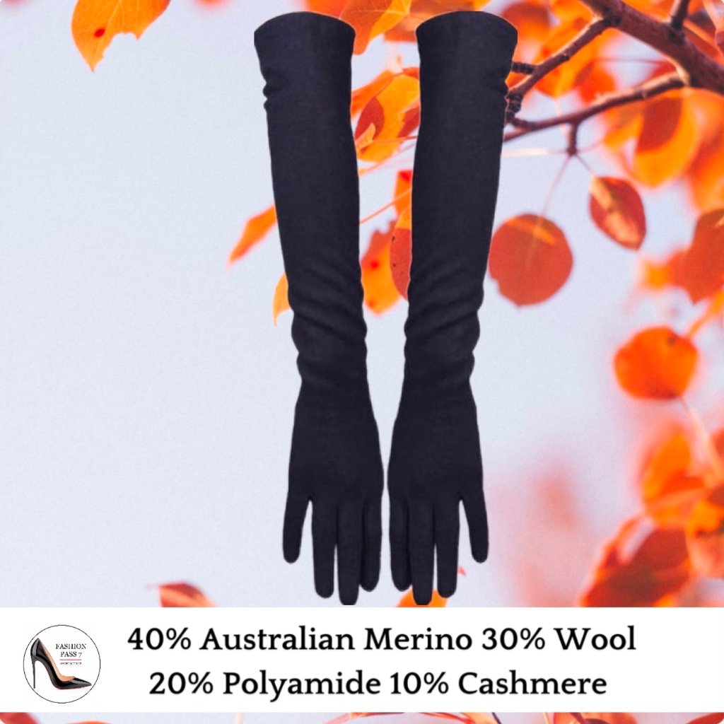 Long Cashmere Merino Wool Gloves Classical Black Opera Driving Winter Warm Glove